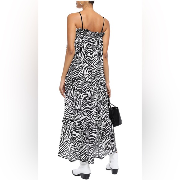 (NWT) MCQ Alexander McQueen Ruffled Zebra-Print Silk Crepe de Chine Midi Dress - Picture 2 of 8